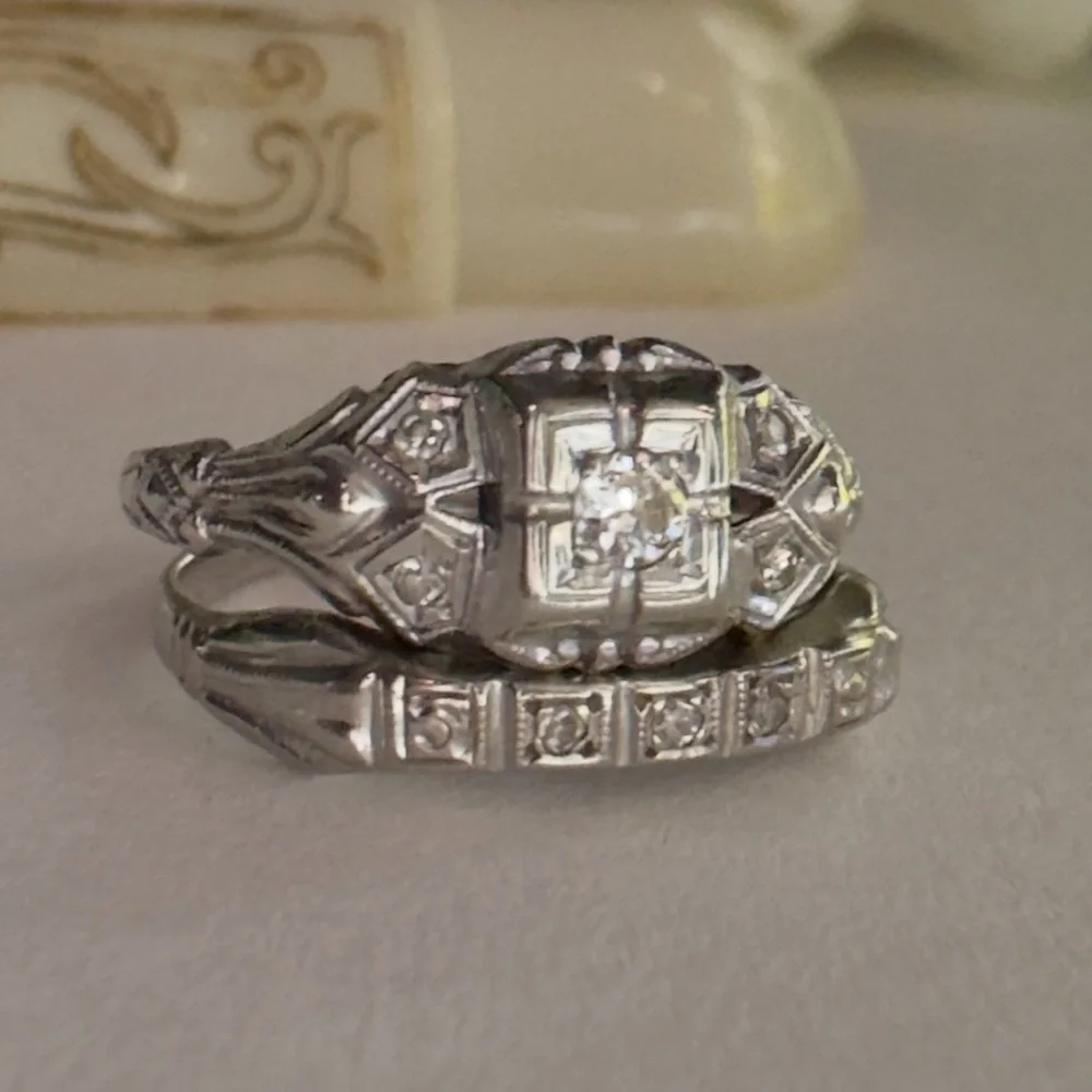 Antique 14K Gold Diamond Engagement Ring & Wedding Band 10K Gold Estate Art Deco - Picture 10 of 14